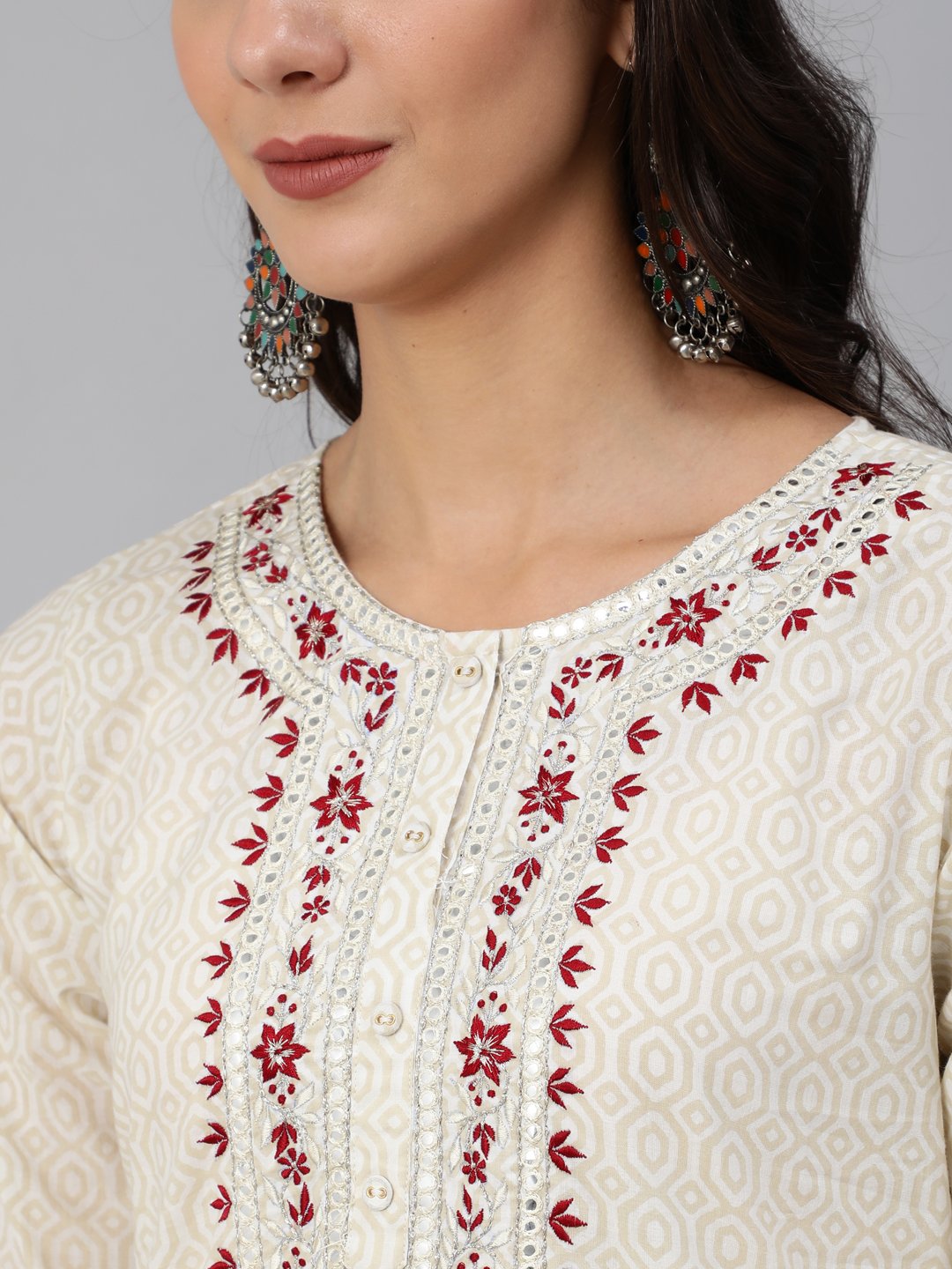 Women Cream & Red Embroidered Straight Kurta Set With Plazo & Wrinkled Dupatta | NOZ2TOZ - Made In INDIA.