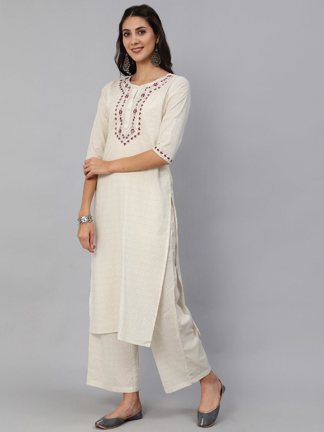 Women Cream & Red Embroidered Straight Kurta Set With Plazo & Wrinkled Dupatta | NOZ2TOZ - Made In INDIA.