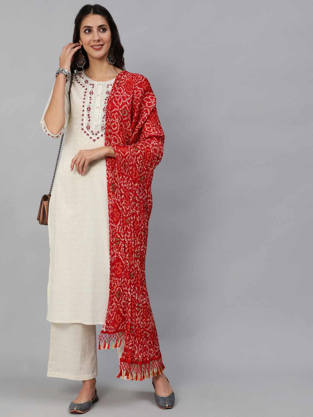 Women Cream & Red Embroidered Straight Kurta Set With Plazo & Wrinkled Dupatta | NOZ2TOZ - Made In INDIA.