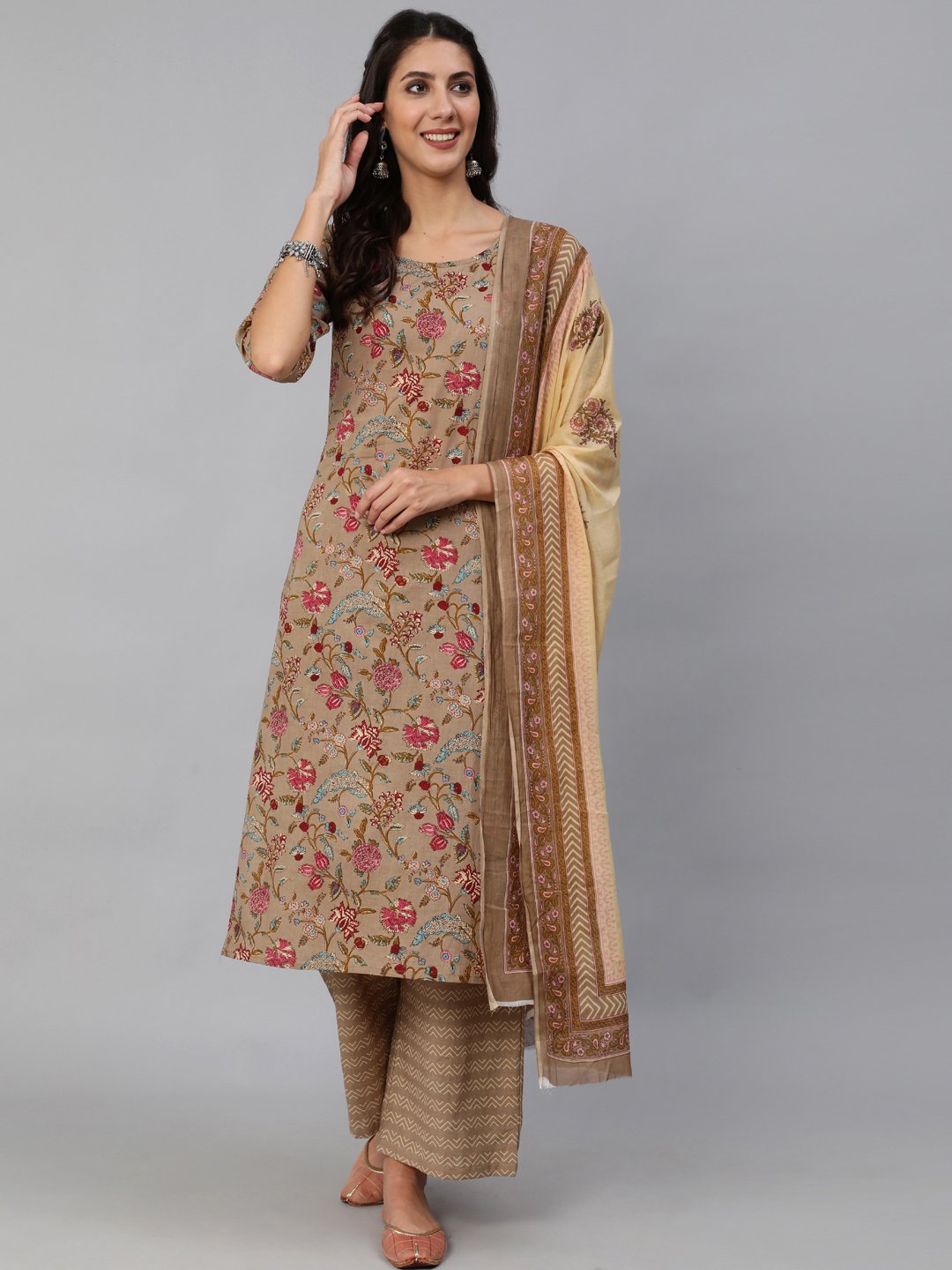 Women Grey Printed Straight Kurta Set With Plazo &  Dupatta | NOZ2TOZ - Made In INDIA.