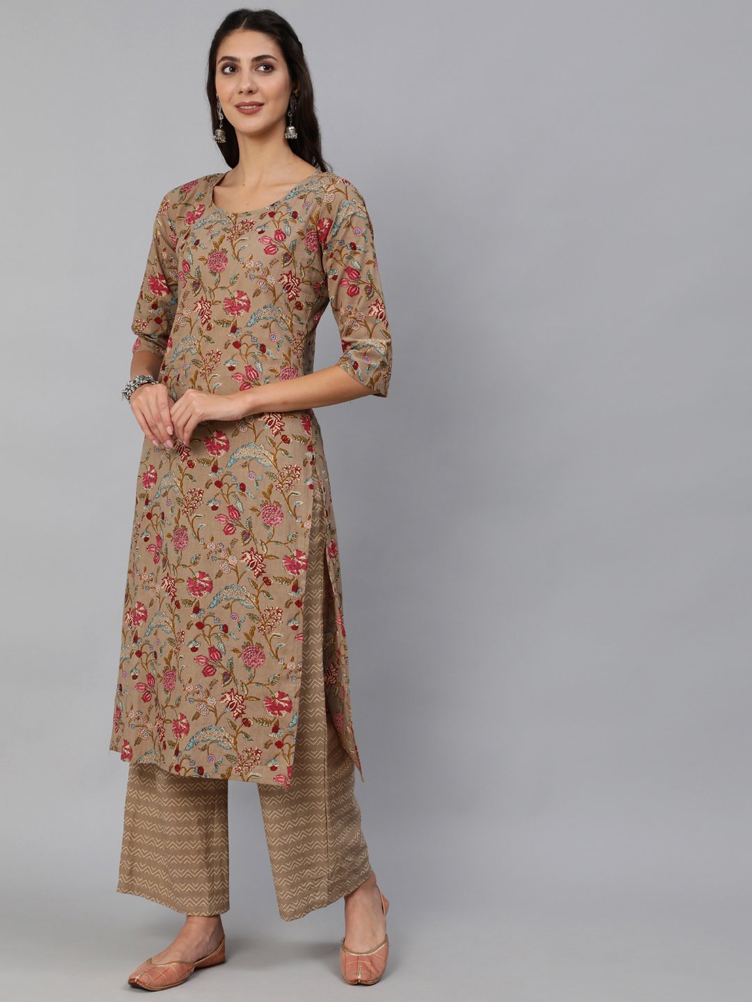 Women Grey Printed Straight Kurta Set With Plazo &  Dupatta | NOZ2TOZ - Made In INDIA.