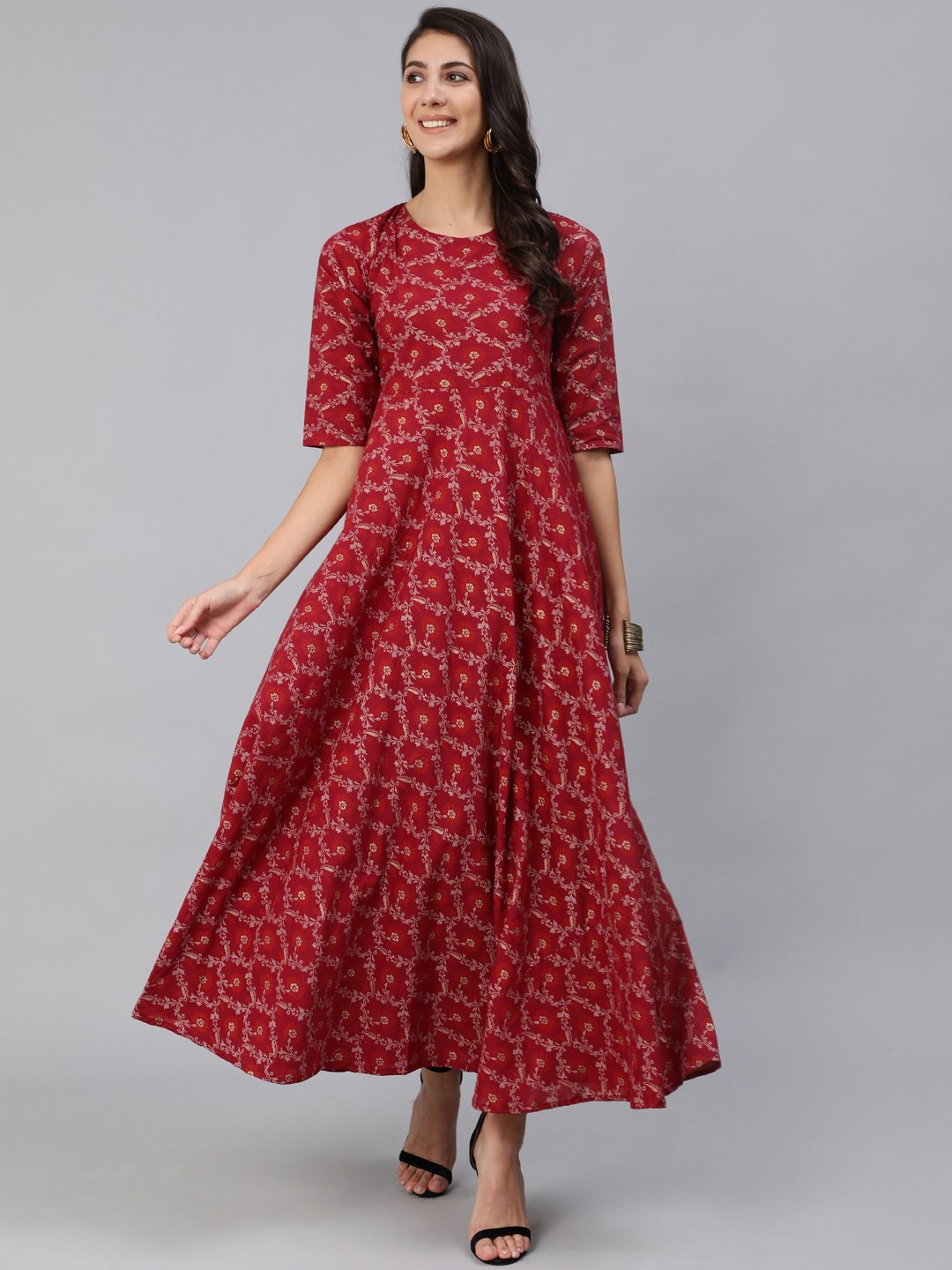 Women Burgundy & Gold Printed Maxi Dress With Three Quarter Sleeves | NOZ2TOZ - Made In INDIA.