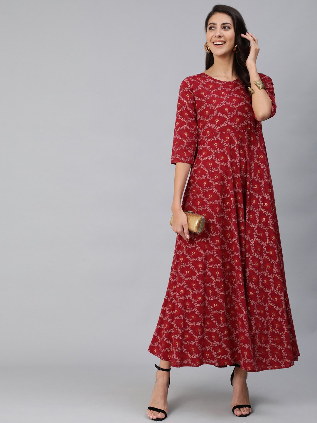 Women Burgundy & Gold Printed Maxi Dress With Three Quarter Sleeves | NOZ2TOZ - Made In INDIA.