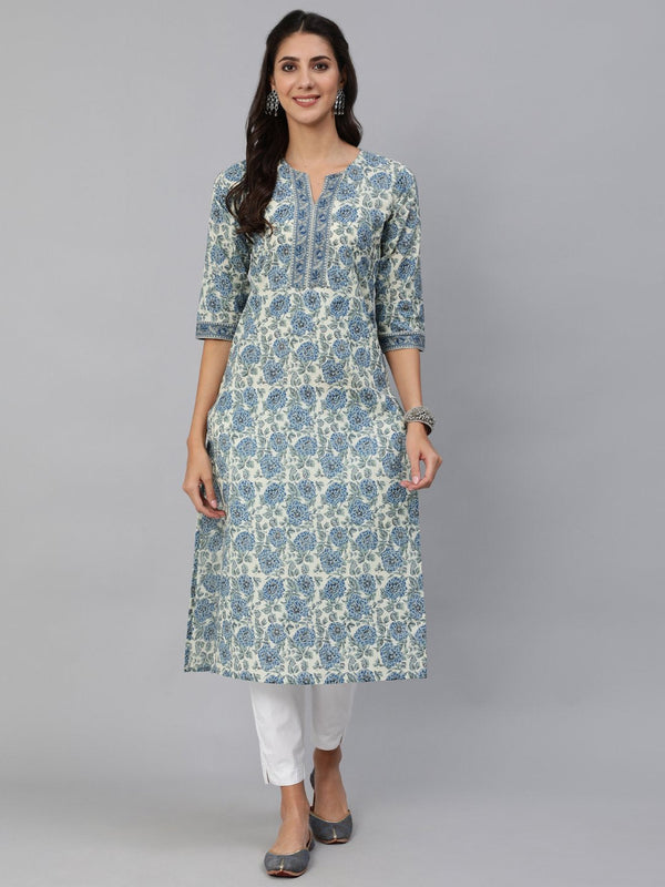 Women Blue & Cream Floral Printed Straight Kurta With Three Quarter Sleeves | NOZ2TOZ - Made In INDIA.