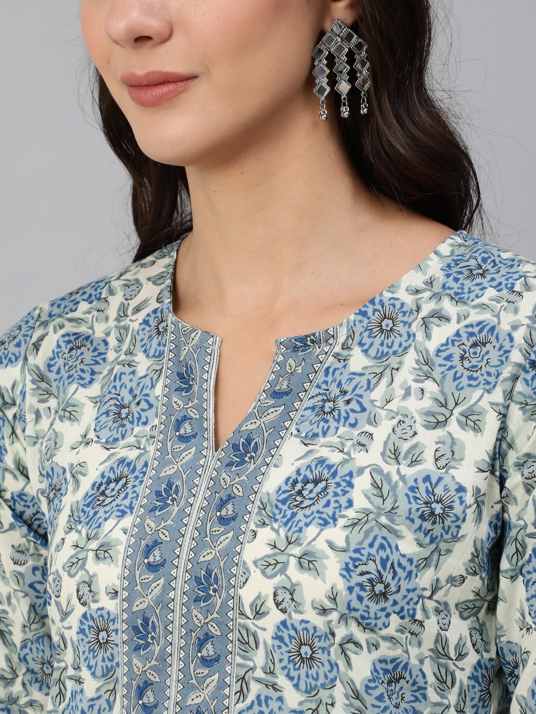 Women Blue & Cream Floral Printed Straight Kurta With Three Quarter Sleeves | NOZ2TOZ - Made In INDIA.