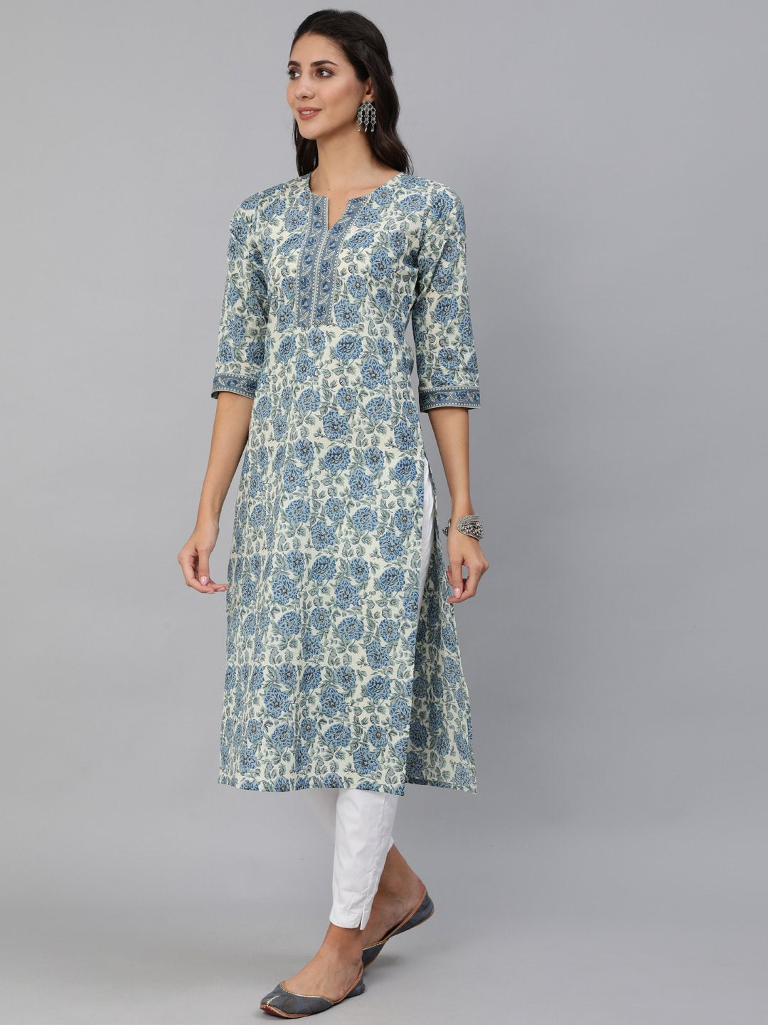 Women Blue & Cream Floral Printed Straight Kurta With Three Quarter Sleeves | NOZ2TOZ - Made In INDIA.