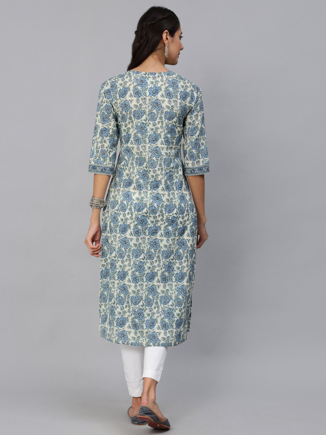 Women Blue & Cream Floral Printed Straight Kurta With Three Quarter Sleeves | NOZ2TOZ - Made In INDIA.