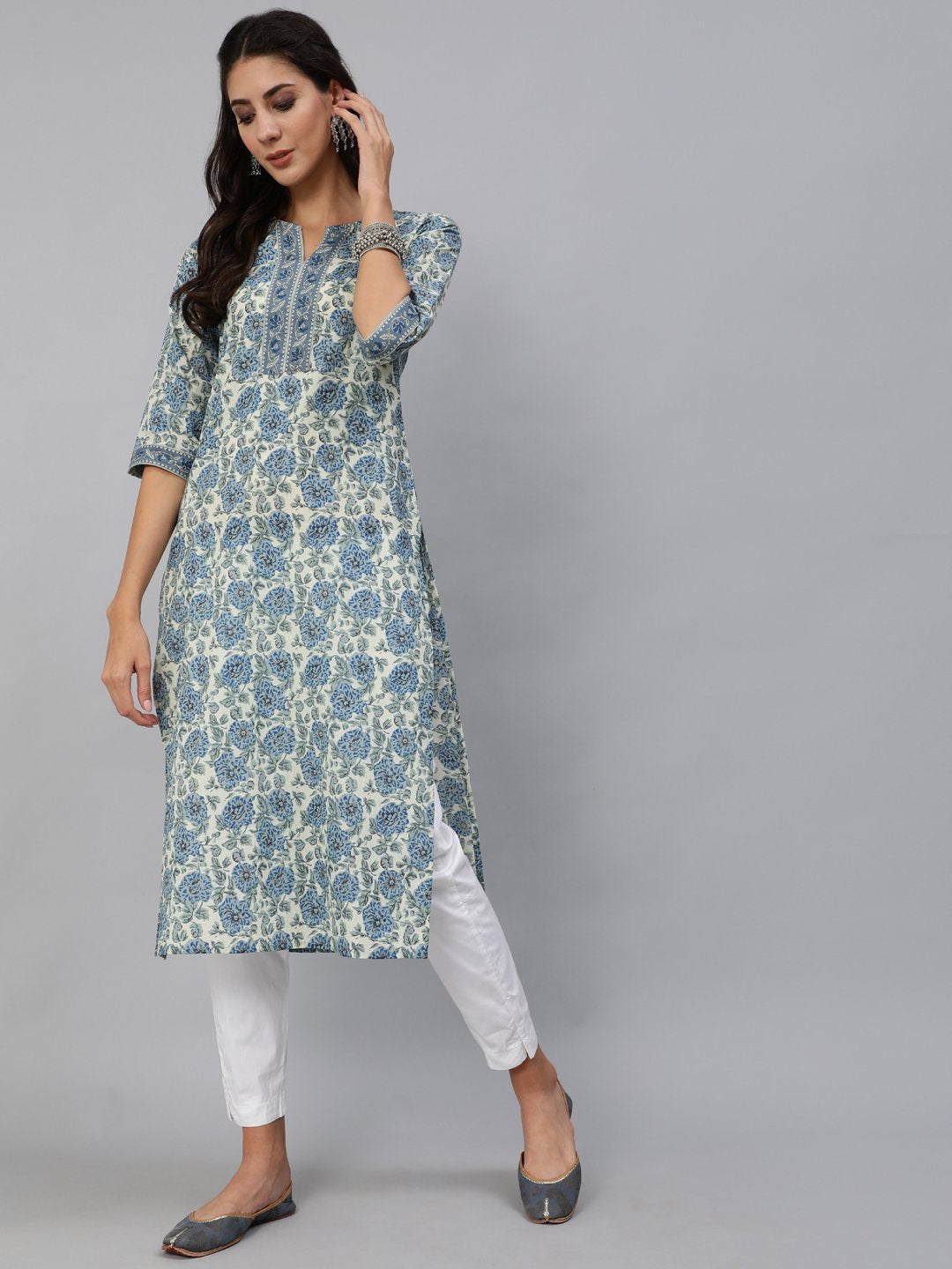 Women Blue & Cream Floral Printed Straight Kurta With Three Quarter Sleeves | NOZ2TOZ - Made In INDIA.