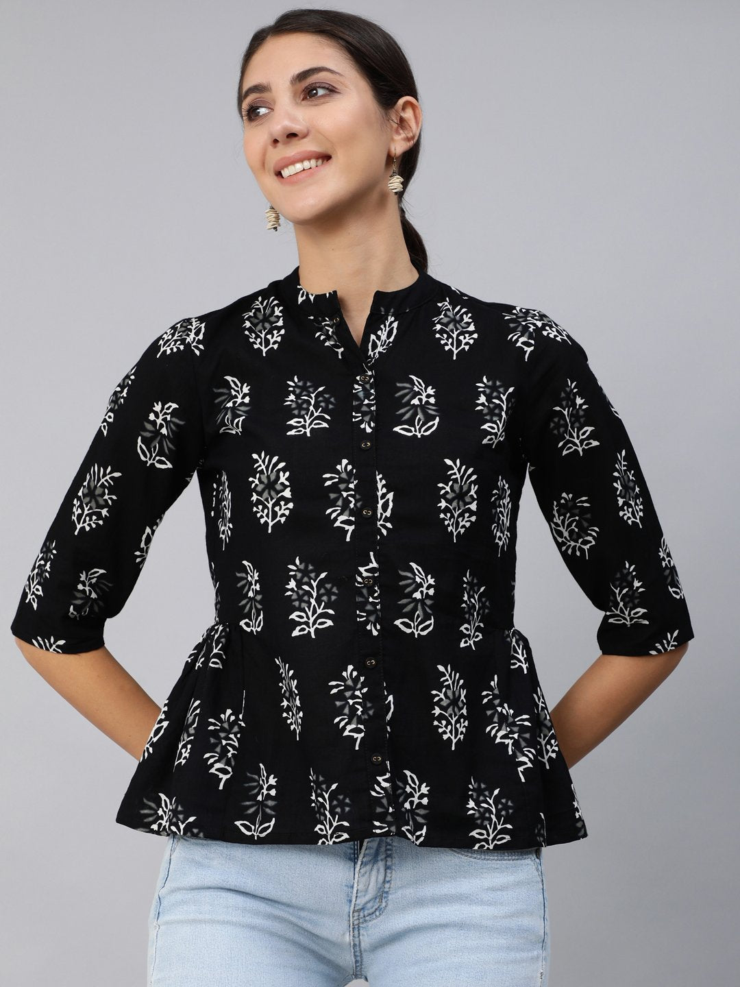 Women Black Printed Top With Three Quarter Flared Sleeves | NOZ2TOZ - Made In INDIA.