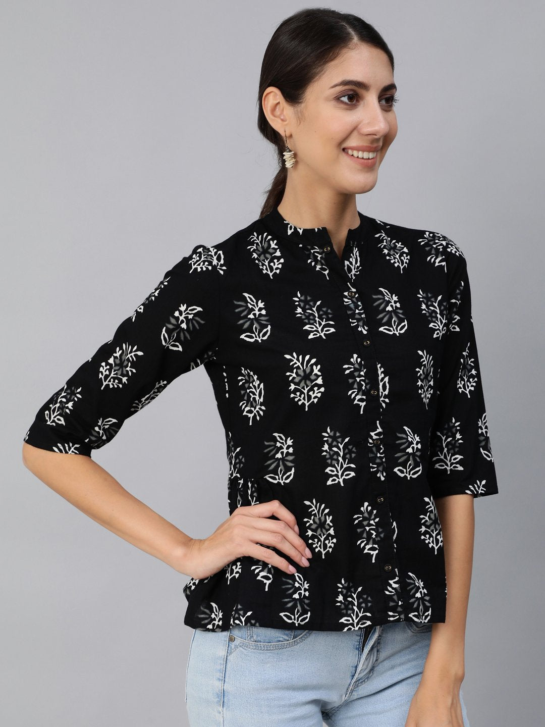 Women Black Printed Top With Three Quarter Flared Sleeves | NOZ2TOZ - Made In INDIA.