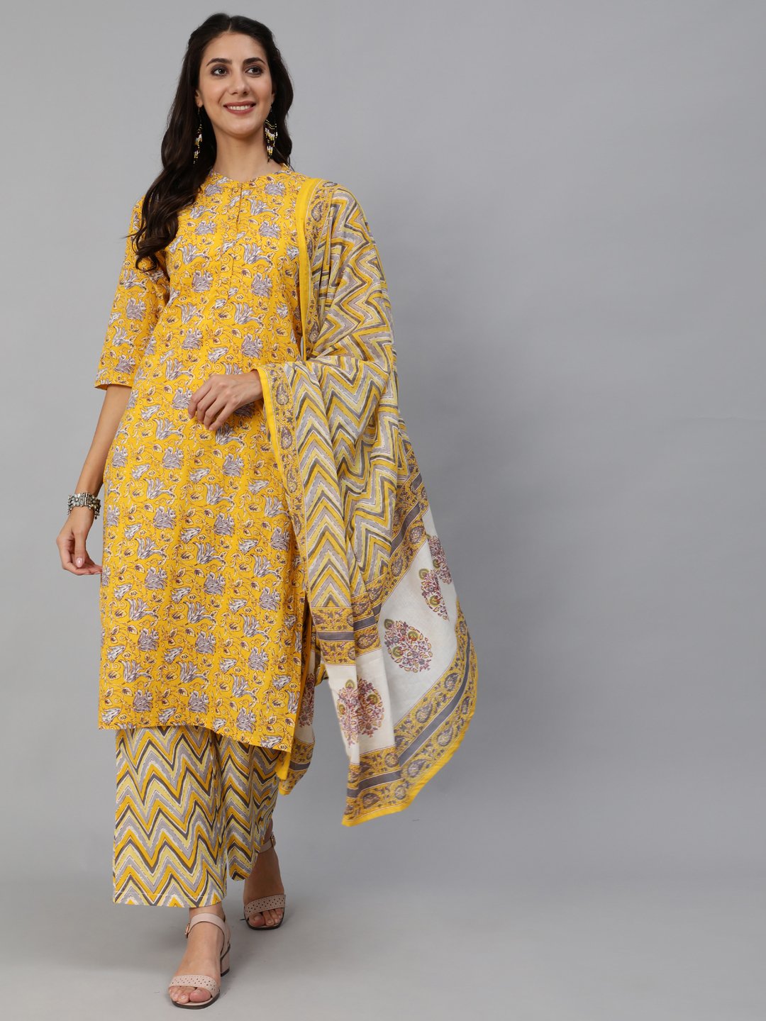 Women Yellow & Grey Floral Printed Straight Kurta Set With Plazo & Dupatta | NOZ2TOZ - Made In INDIA.