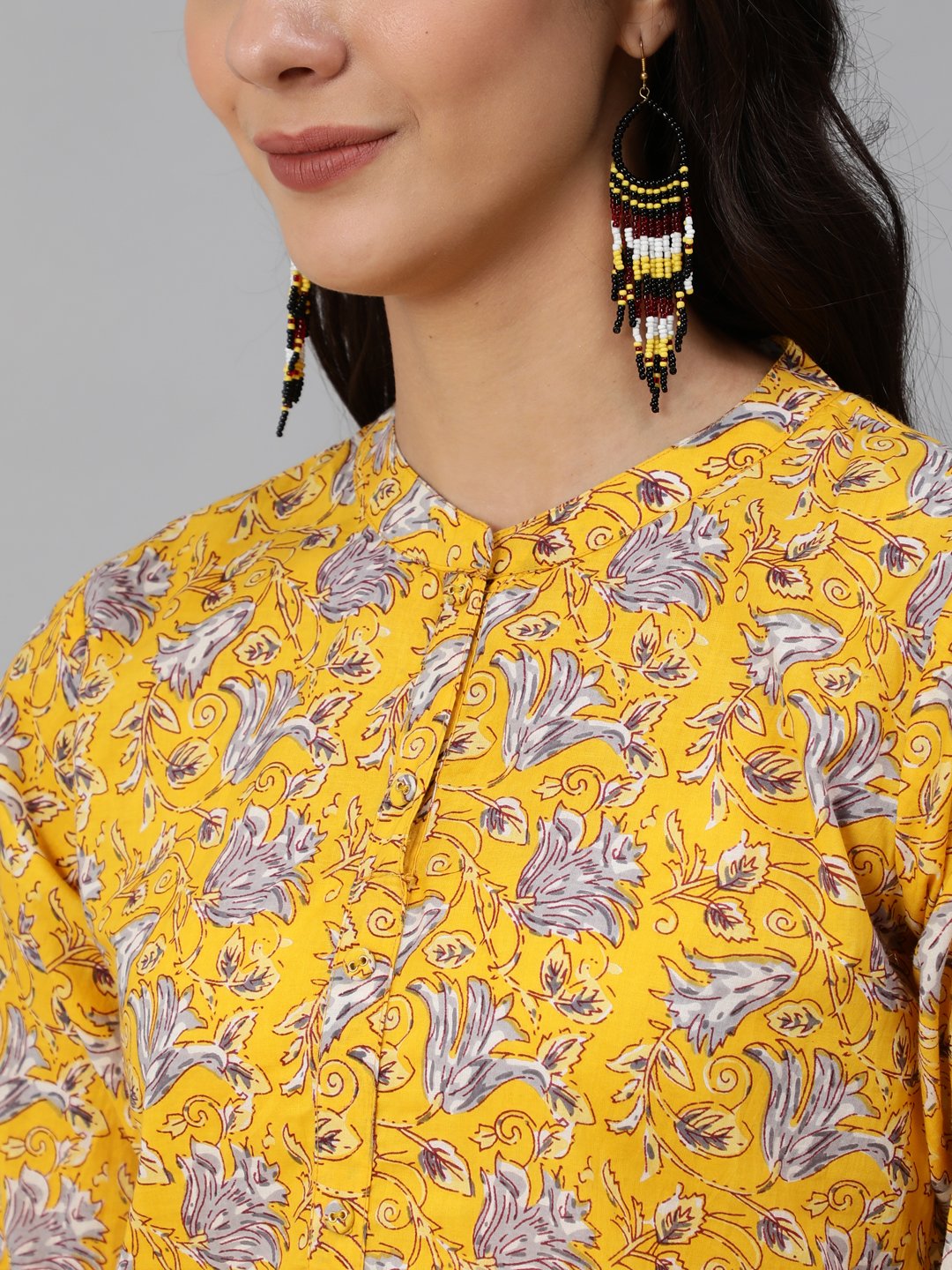 Women Yellow & Grey Floral Printed Straight Kurta Set With Plazo & Dupatta | NOZ2TOZ - Made In INDIA.