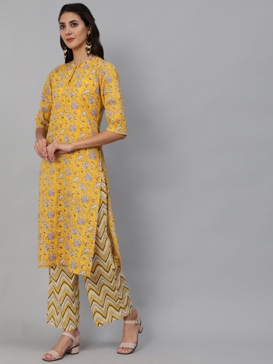 Women Yellow & Grey Floral Printed Straight Kurta Set With Plazo & Dupatta | NOZ2TOZ - Made In INDIA.