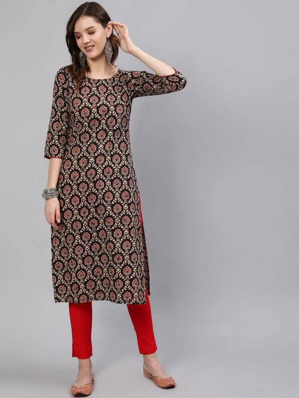 Women Black Mirror Work Printed Straight Kurta With Three Quarter Sleeves | NOZ2TOZ - Made In INDIA.