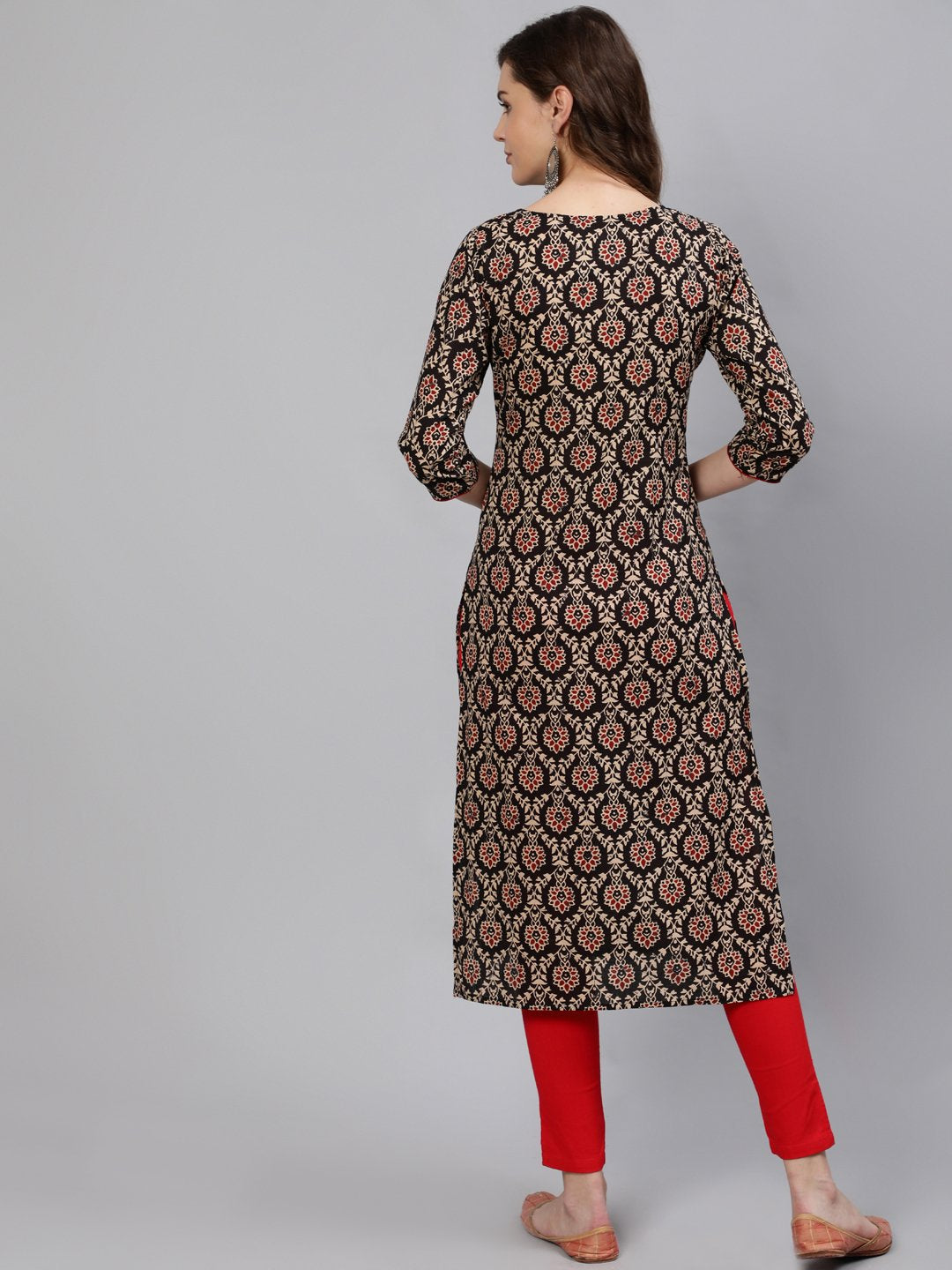 Women Black Mirror Work Printed Straight Kurta With Three Quarter Sleeves | NOZ2TOZ - Made In INDIA.