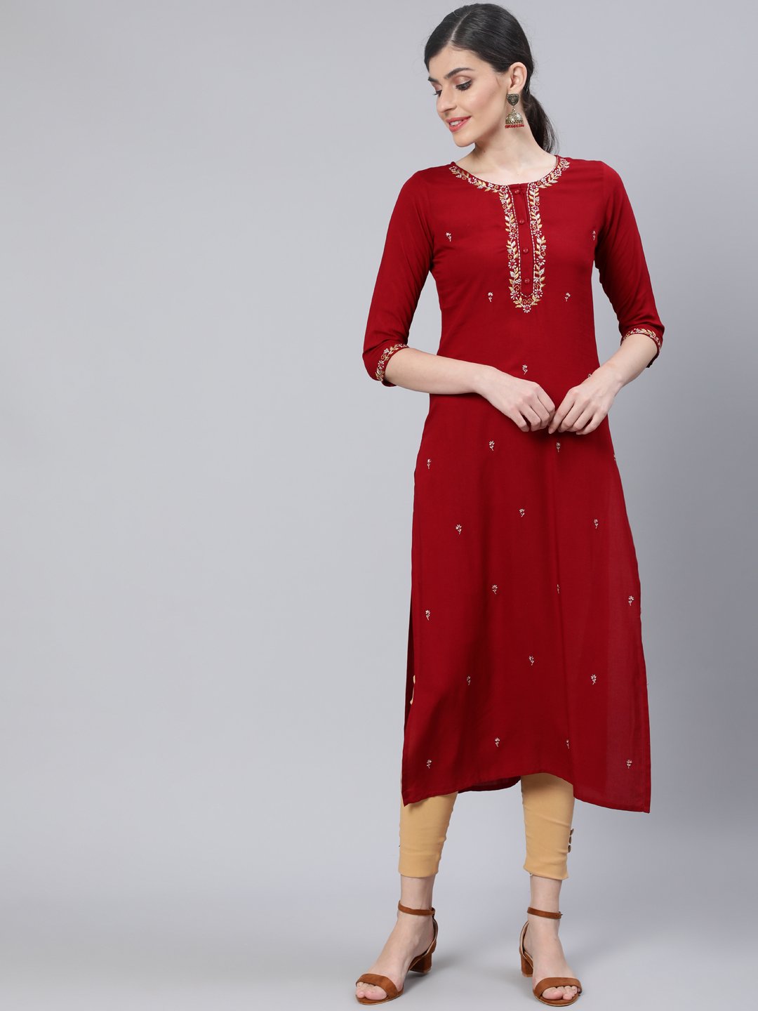 Women Maroon Embroidered Straight Kurta with Three Quarter Sleeves | NOZ2TOZ - Made In INDIA.