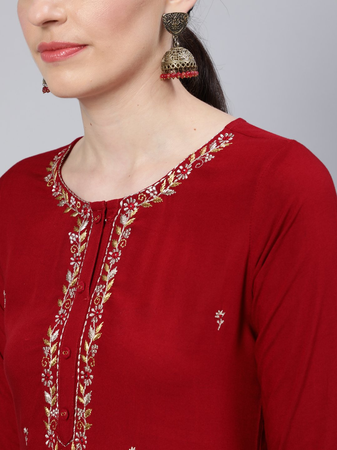 Women Maroon Embroidered Straight Kurta with Three Quarter Sleeves | NOZ2TOZ - Made In INDIA.