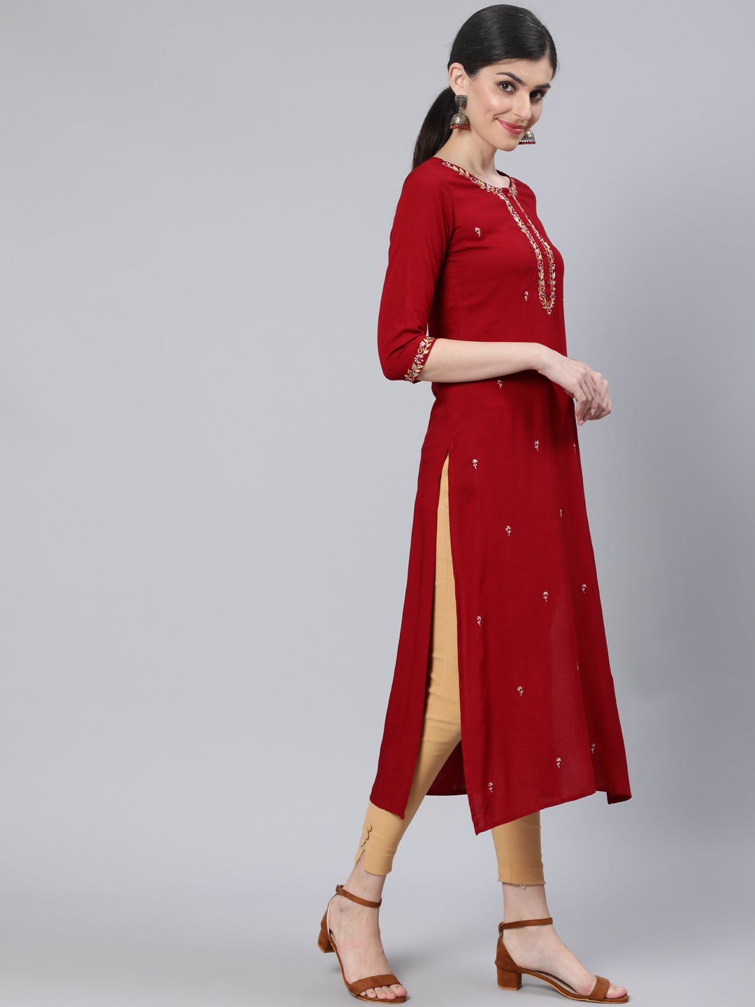 Women Maroon Embroidered Straight Kurta with Three Quarter Sleeves | NOZ2TOZ - Made In INDIA.