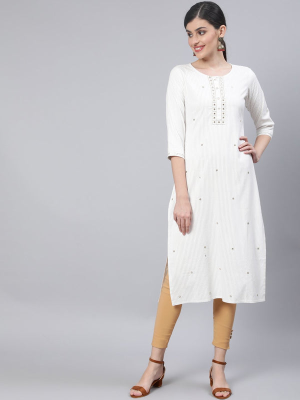 Women Off White Embroidered Straight Kurta with Three Quarter Sleeves | NOZ2TOZ - Made In INDIA.