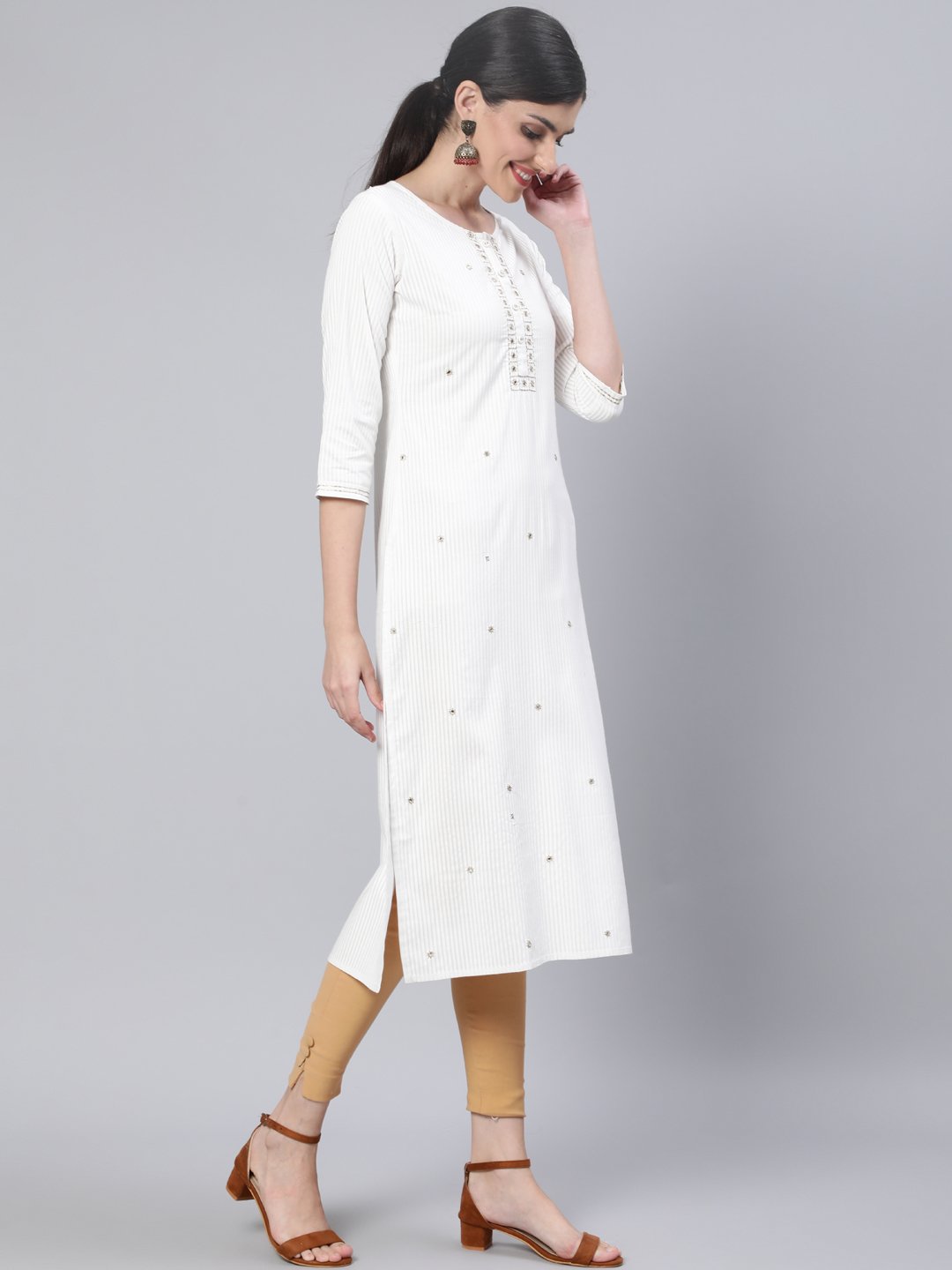 Women Off White Embroidered Straight Kurta with Three Quarter Sleeves | NOZ2TOZ - Made In INDIA.