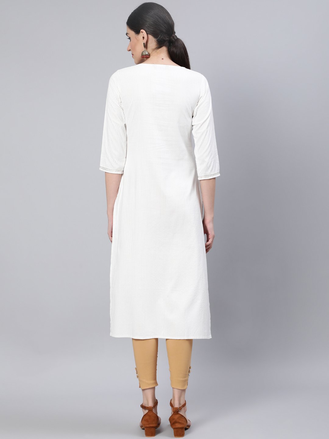 Women Off White Embroidered Straight Kurta with Three Quarter Sleeves | NOZ2TOZ - Made In INDIA.