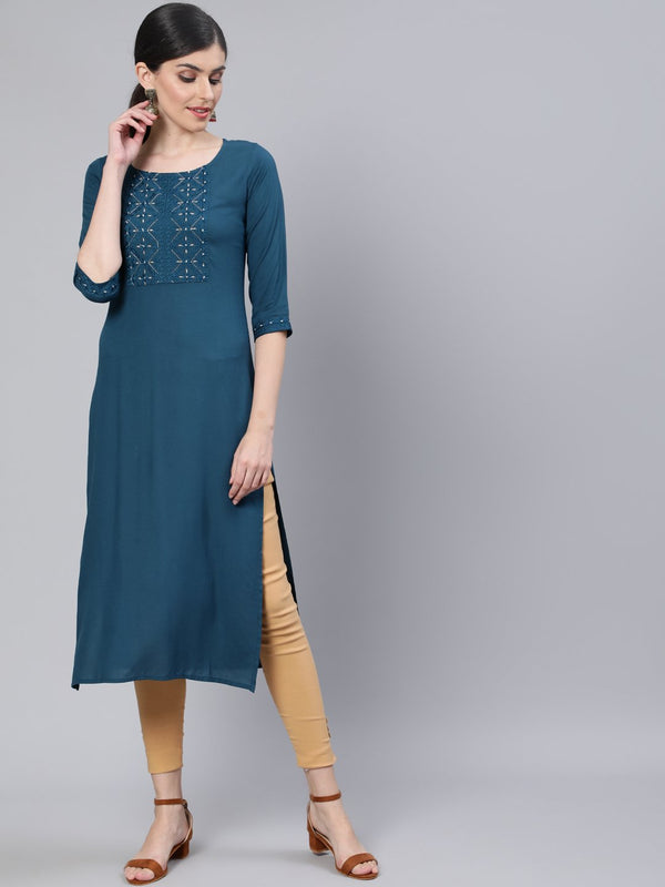 Women Teal Blue Embroidered Straight Kurta with Three Quarter Sleeves | NOZ2TOZ - Made In INDIA.