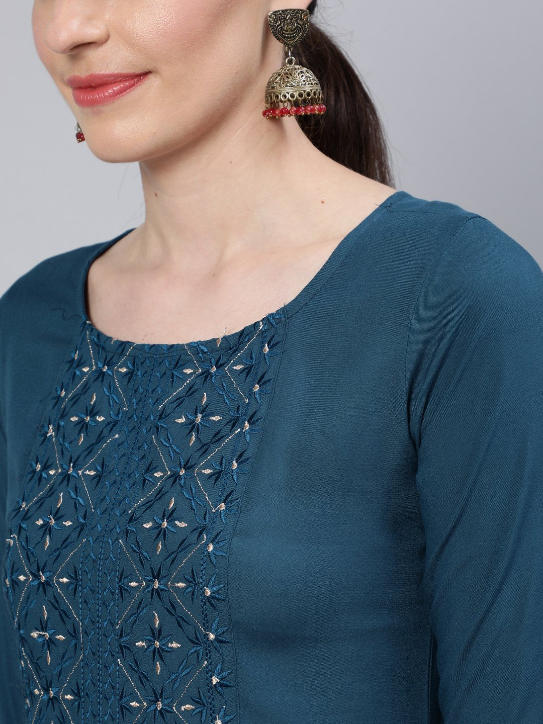 Women Teal Blue Embroidered Straight Kurta with Three Quarter Sleeves | NOZ2TOZ - Made In INDIA.