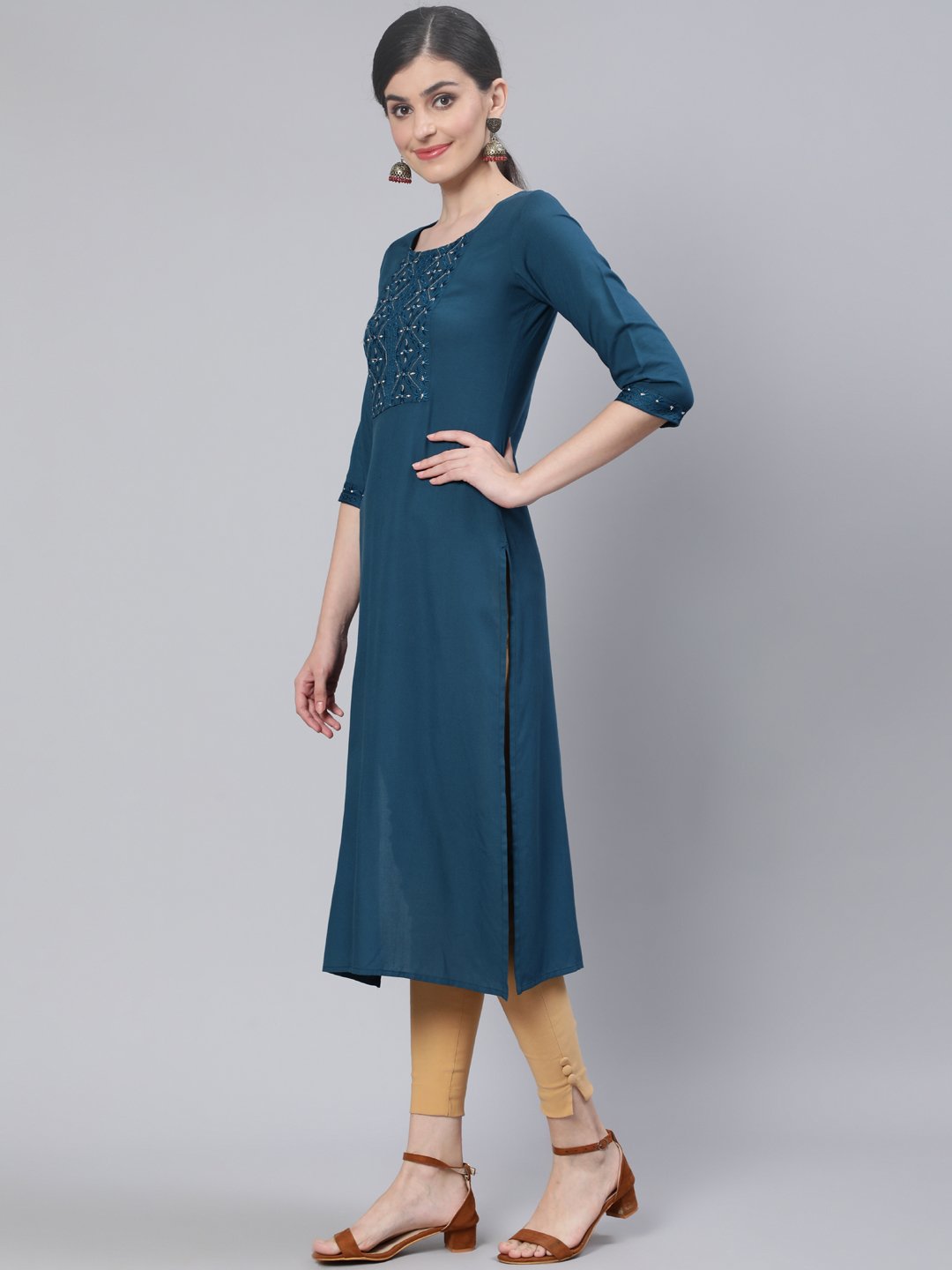 Women Teal Blue Embroidered Straight Kurta with Three Quarter Sleeves | NOZ2TOZ - Made In INDIA.