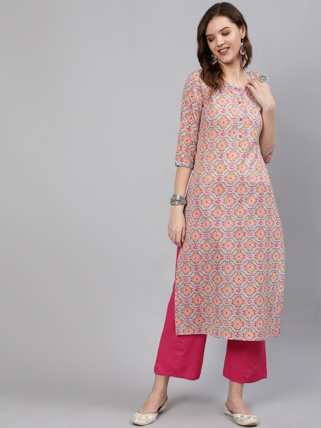 Women Blue Embroidered Mirror Work Printed Straight Kurta With Three Quarter Sleeves | NOZ2TOZ - Made In INDIA.