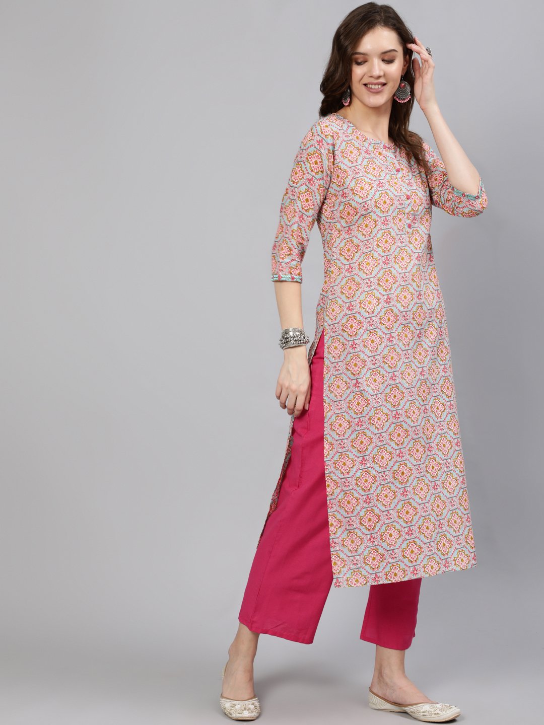 Women Blue Embroidered Mirror Work Printed Straight Kurta With Three Quarter Sleeves | NOZ2TOZ - Made In INDIA.