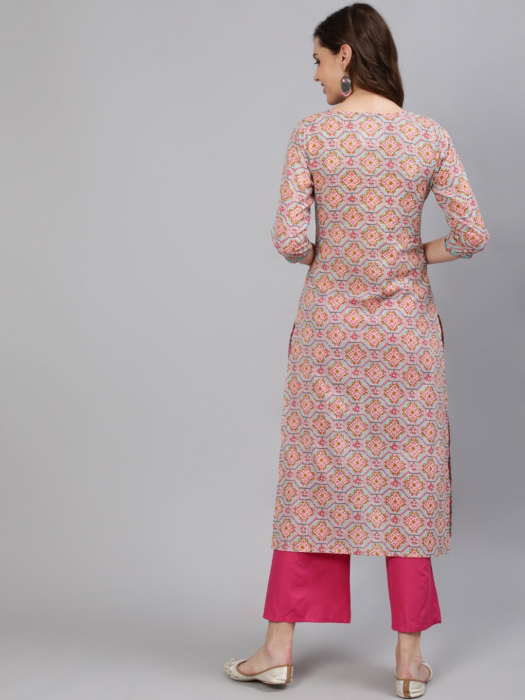 Women Blue Embroidered Mirror Work Printed Straight Kurta With Three Quarter Sleeves | NOZ2TOZ - Made In INDIA.