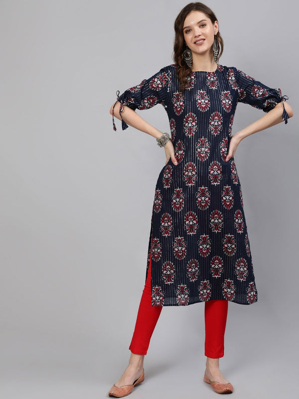 Women Navy Blue Printed Straight Kurta With Half Sleeves | NOZ2TOZ - Made In INDIA.