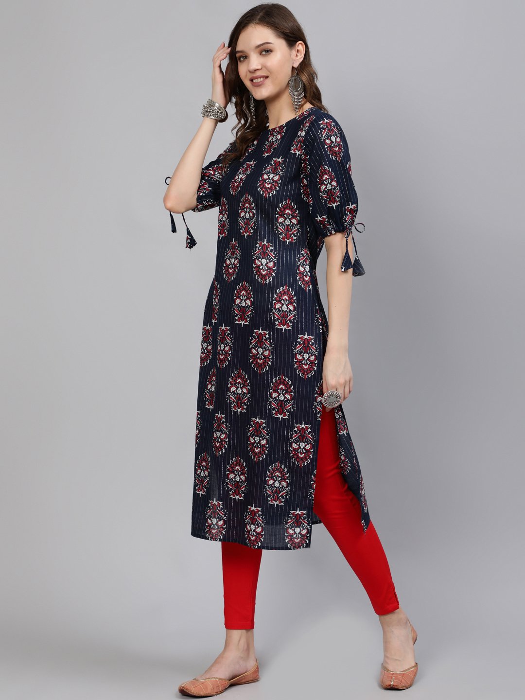 Women Navy Blue Printed Straight Kurta With Half Sleeves | NOZ2TOZ - Made In INDIA.