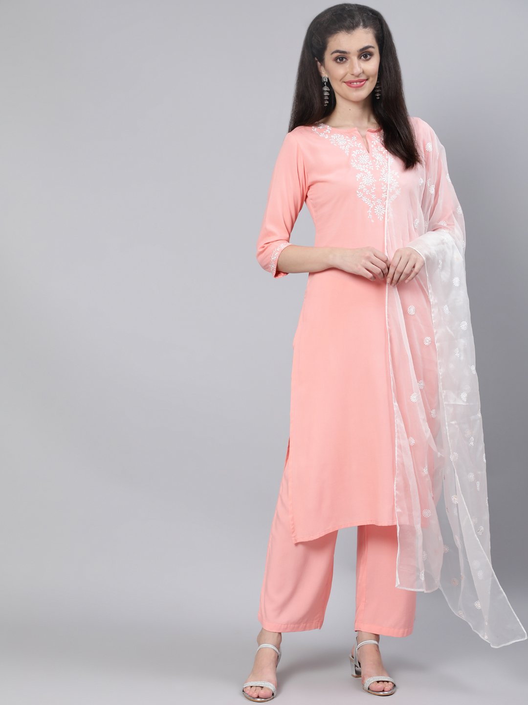 Women Pink Straight Kurta With Plazo & Organza Embroidered Dupatta | NOZ2TOZ - Made In INDIA.