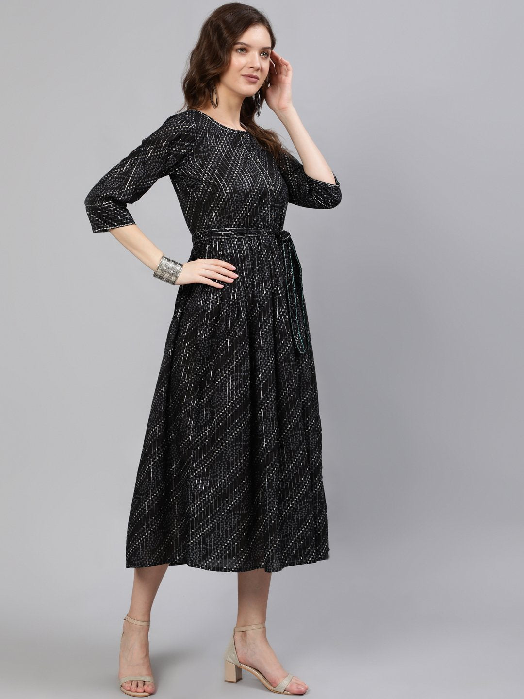 Women Black Embroidered Dress With Three Quarter Sleeves | NOZ2TOZ - Made In INDIA.