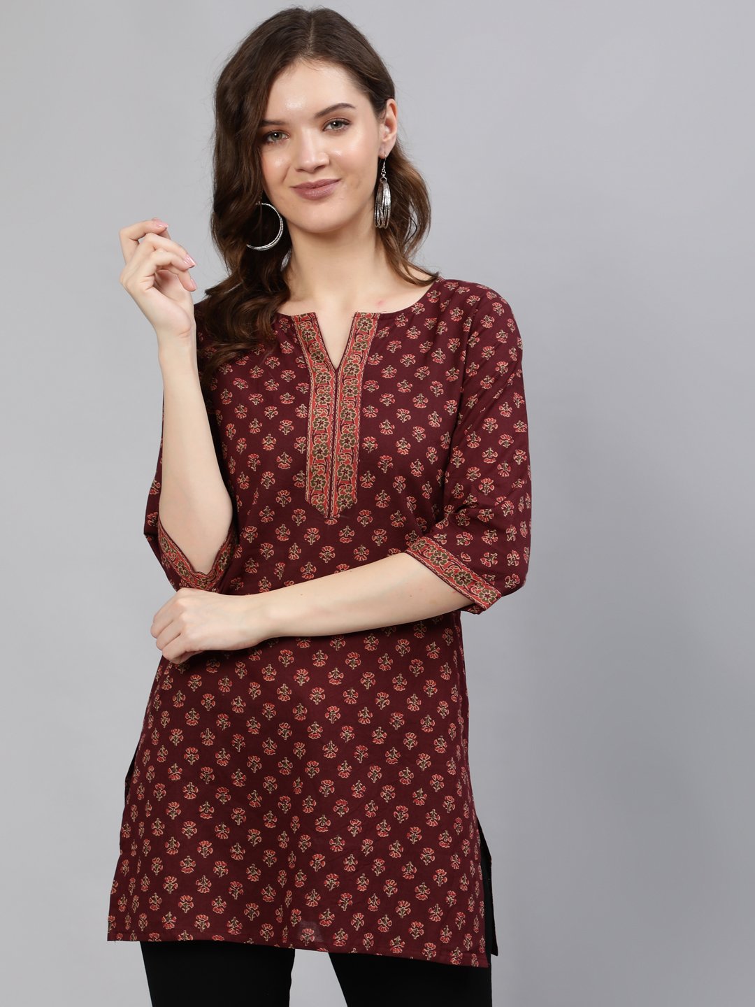 Women Burgundy Printed Tunic With Three Quarter Sleeves | NOZ2TOZ - Made In INDIA.