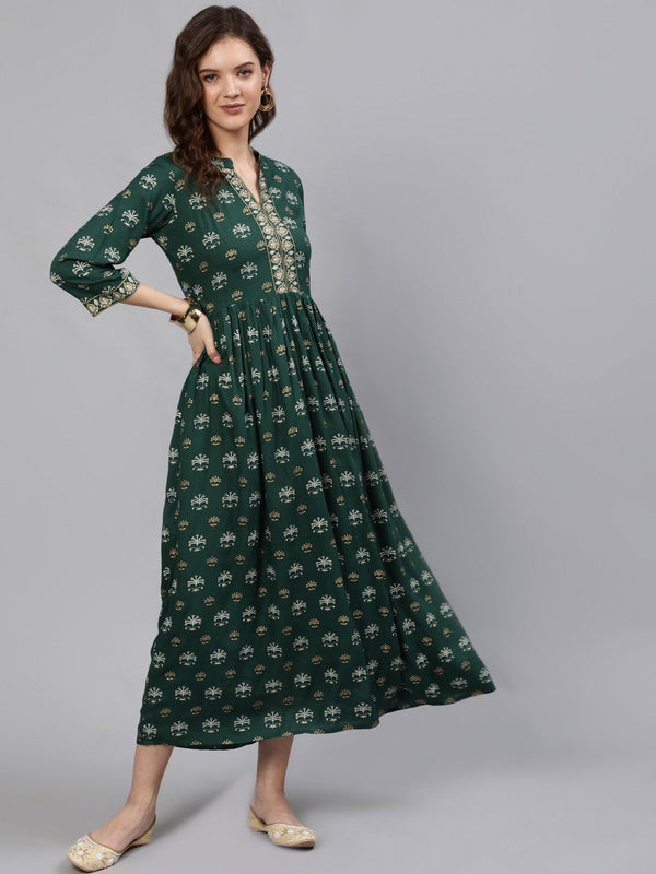 Women Green & Gold Printed Maxi Dress With Three Quarter Sleeves | NOZ2TOZ - Made In INDIA.