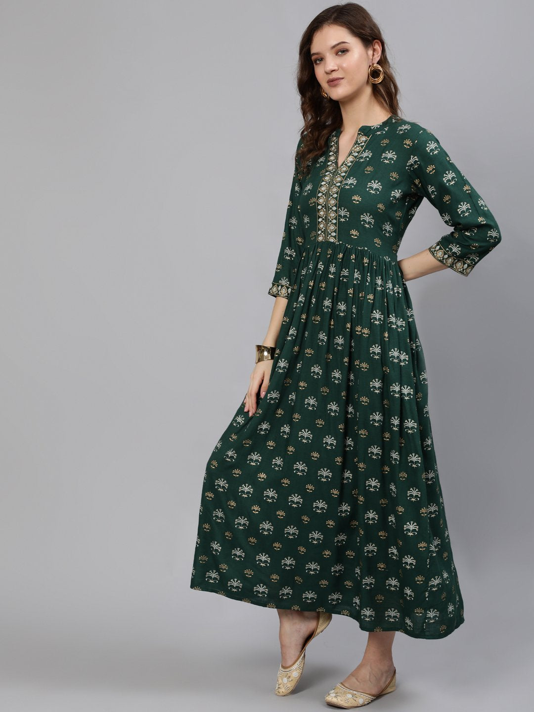 Women Green & Gold Printed Maxi Dress With Three Quarter Sleeves | NOZ2TOZ - Made In INDIA.