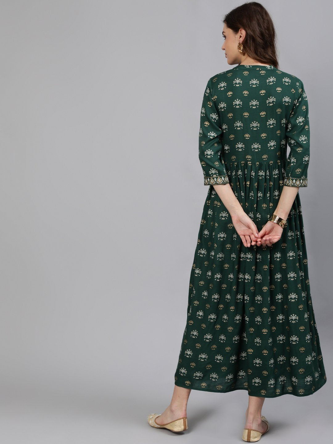 Women Green & Gold Printed Maxi Dress With Three Quarter Sleeves | NOZ2TOZ - Made In INDIA.