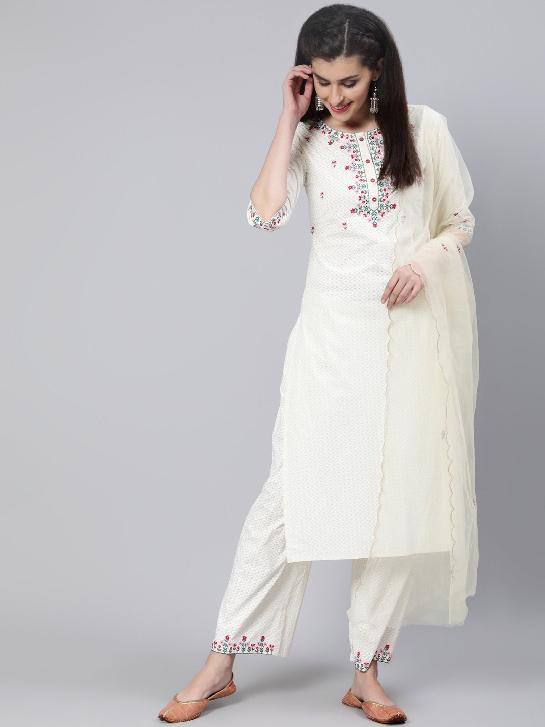 Women Cream Embroidered Straight Kurta With Plazo & Dupatta | NOZ2TOZ - Made In INDIA.