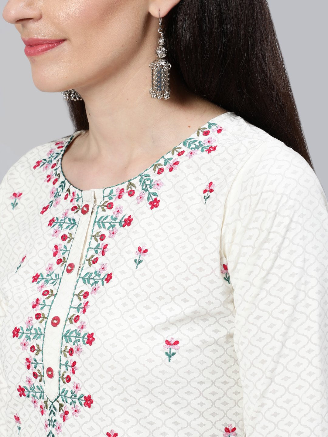 Women Cream Embroidered Straight Kurta With Plazo & Dupatta | NOZ2TOZ - Made In INDIA.