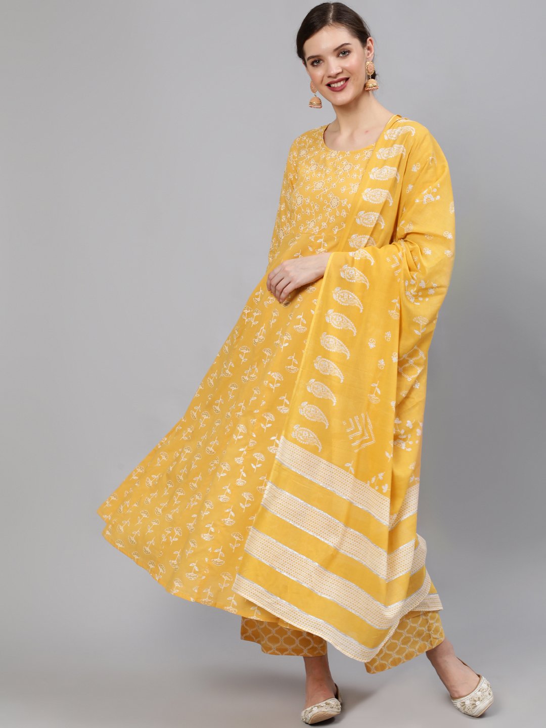 Women Yellow Printed Anarkali Kurta With Plazo & Dupatta | NOZ2TOZ - Made In INDIA.