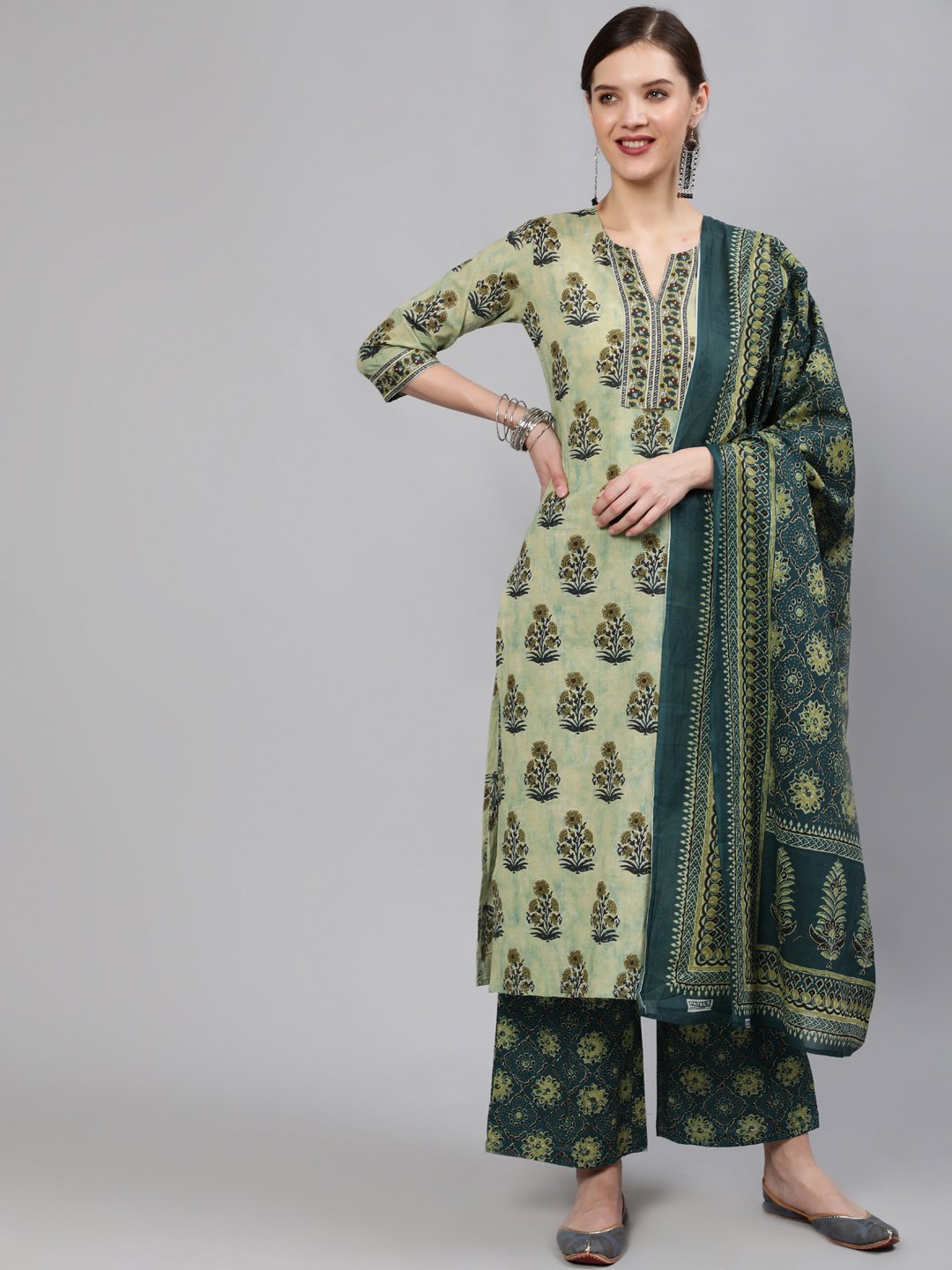 Women Green Printed Straight Kurta With Plazo & Dupatta | NOZ2TOZ - Made In INDIA.