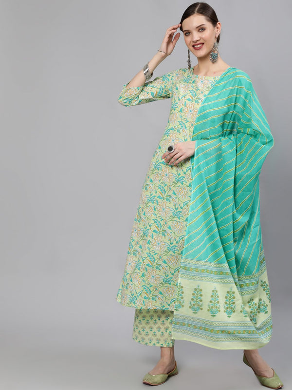 Women Green Floral Printed Straight Kurta With Plazo & Dupatta | NOZ2TOZ - Made In INDIA.