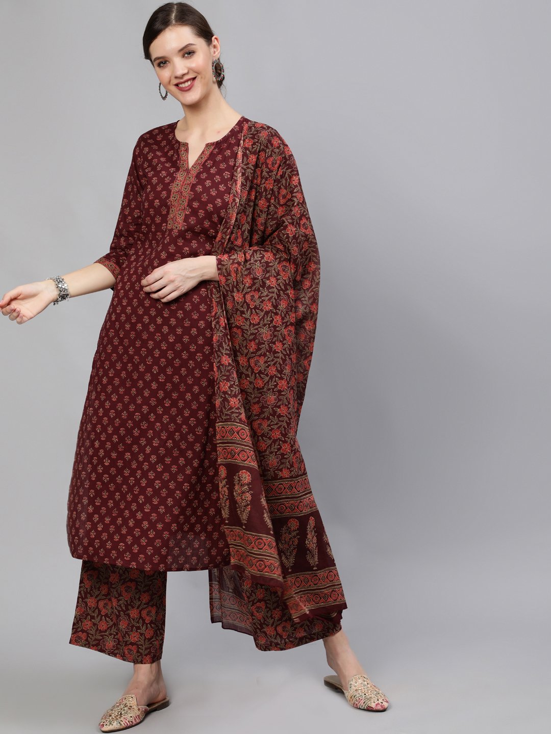 Women Wine Floral Printed Straight Kurta With Plazo & Dupatta | NOZ2TOZ - Made In INDIA.