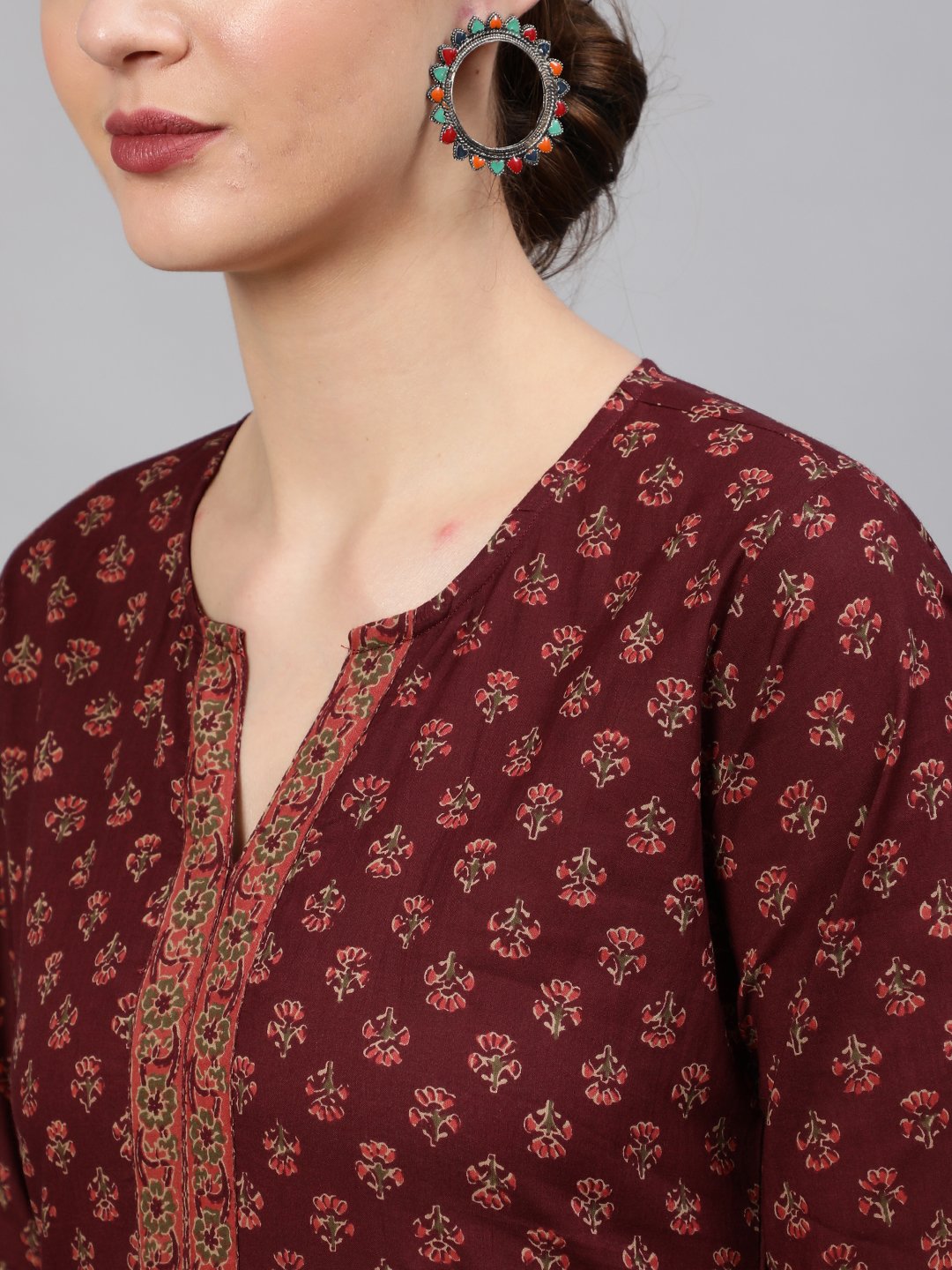 Women Wine Floral Printed Straight Kurta With Plazo & Dupatta | NOZ2TOZ - Made In INDIA.