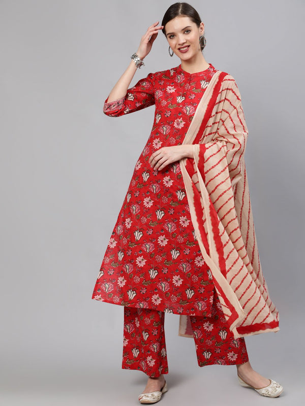 Women Red Floral Printed Straight Kurta With Plazo & Dupatta | NOZ2TOZ - Made In INDIA.