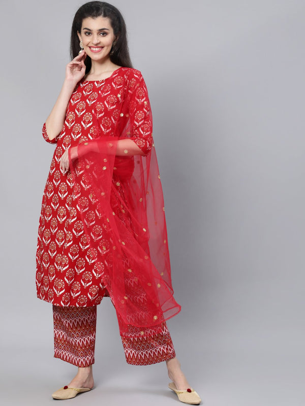 Women Red Straight Kurta With Plazo & Sequened Dupatta | NOZ2TOZ - Made In INDIA.