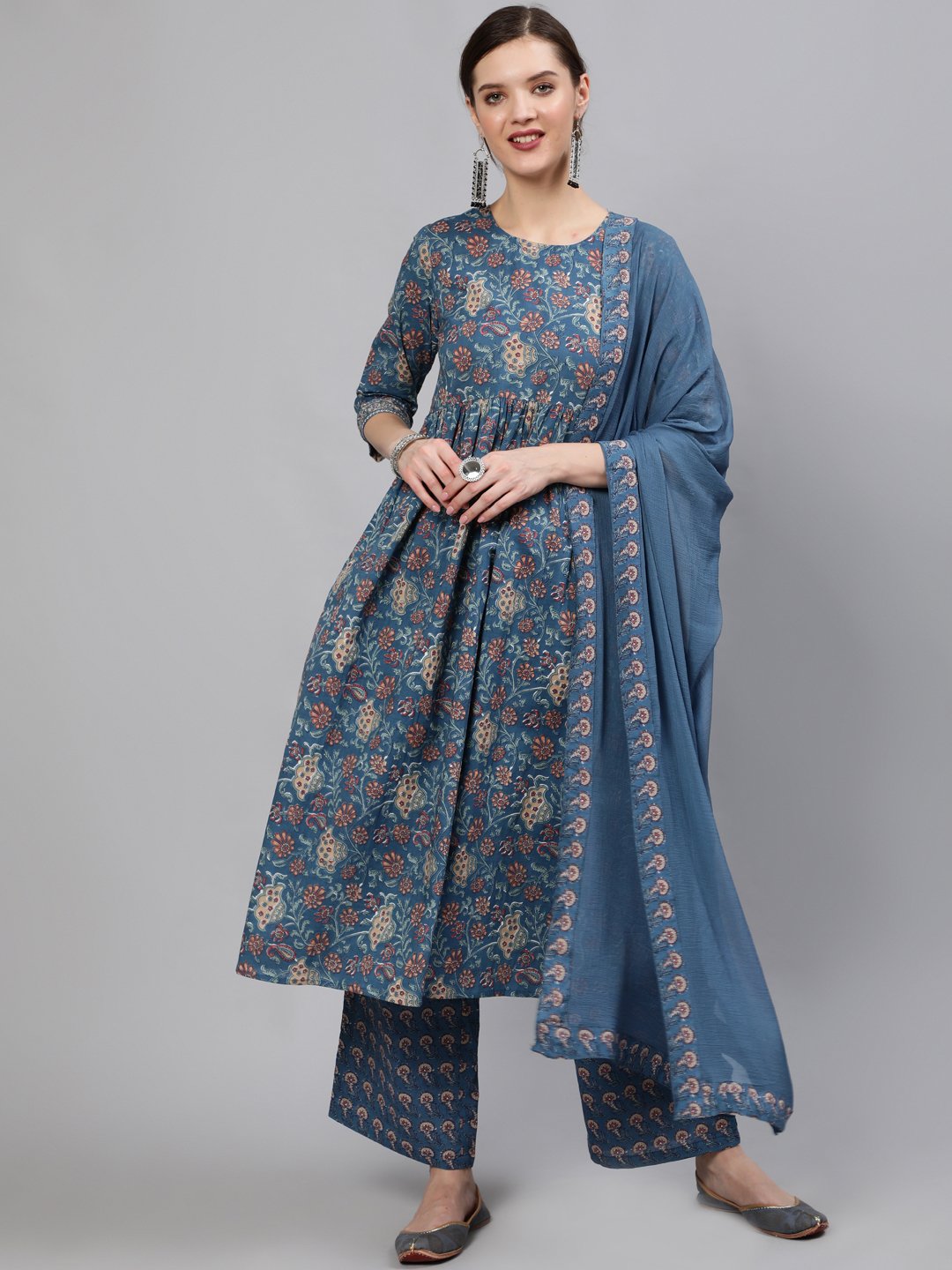 Women Blue Floral Printed Straight Kurta With Plazo & Dupatta | NOZ2TOZ - Made In INDIA.