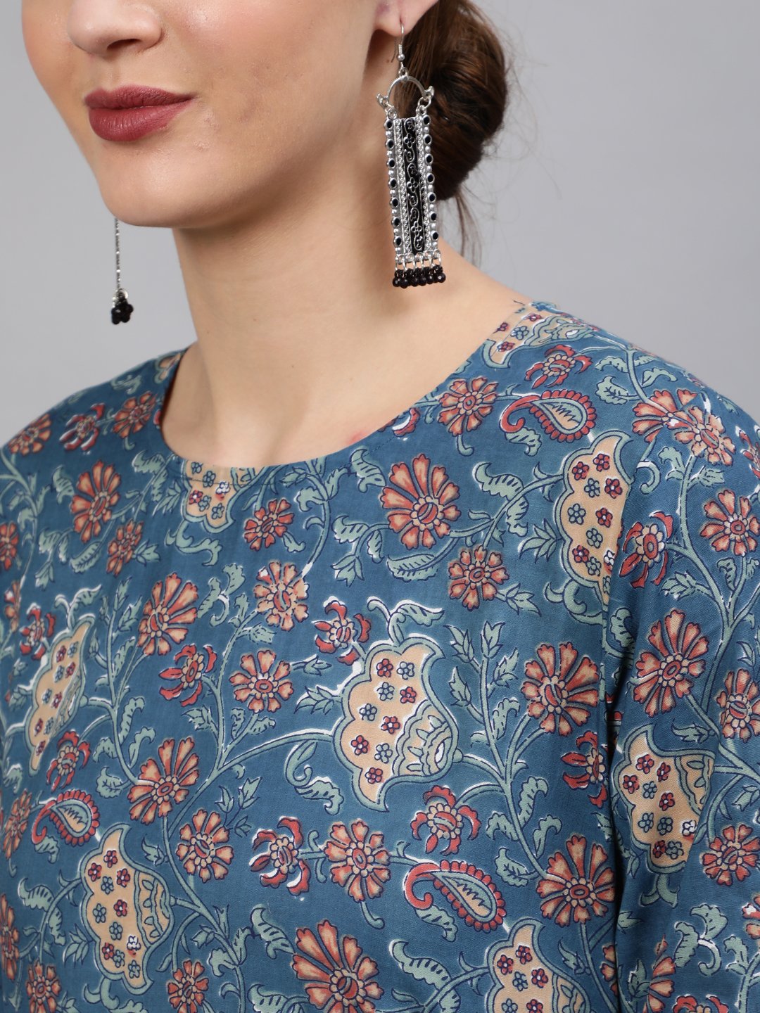 Women Blue Floral Printed Straight Kurta With Plazo & Dupatta | NOZ2TOZ - Made In INDIA.